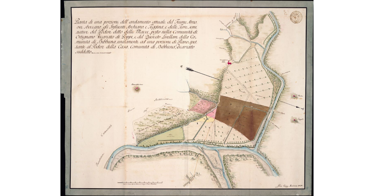 Pianta di una porzione dell'andamento attuale del fiume Arno, ove sboccano gli Influenti Archiano, e Teggina, e delle Terre seminative del Podere detto delle Macee, posto nella Comunità di Ortignano Vicariato di Poppi, e del Querceto Livellare della Comunità di Bibbiena, unitamente ad una porzione di Piano spettante al Podere della Casa, Comunità di Bibbiena, Vicariato suddetto