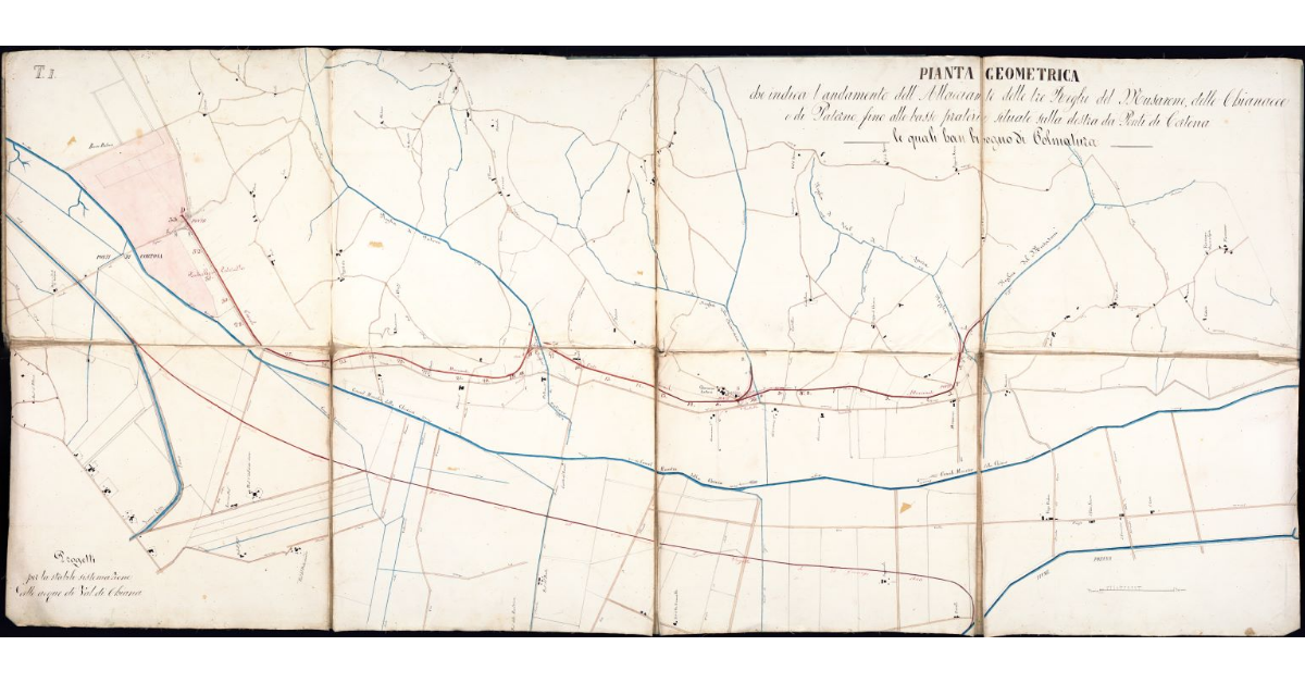 Pianta Geometrica che indica l'andamento dell'Allacciante delle Tre Reglie del Musarone, delle Chianacce e di Paterno fino alle basse praterie situate sulla destra dei Ponti di Cortona le quali han bisogno di colmatura