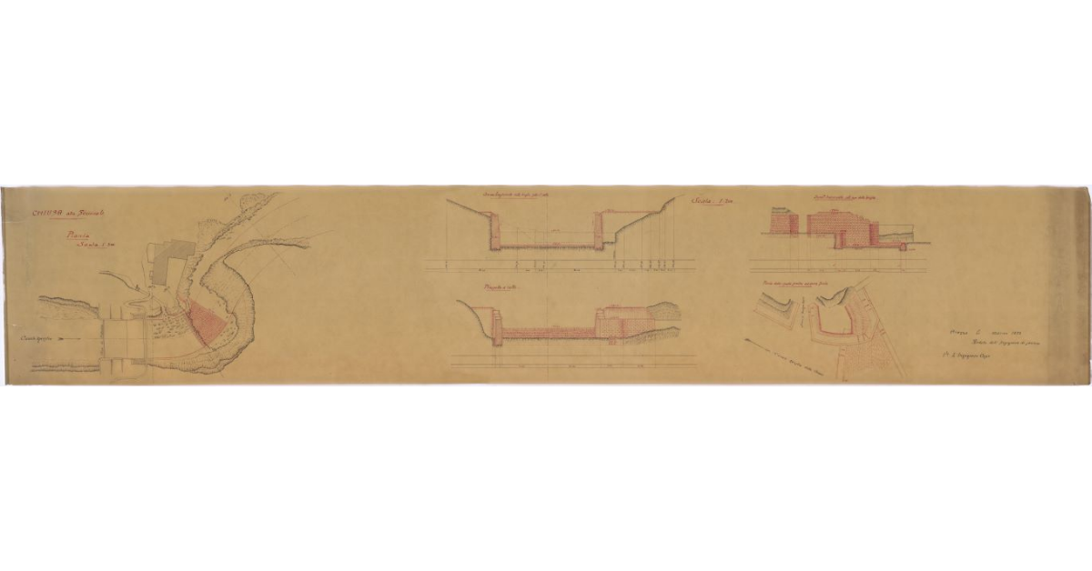 [Pianta sezioni e prospetto della Chiusa di Pratantico in Valdichiana]