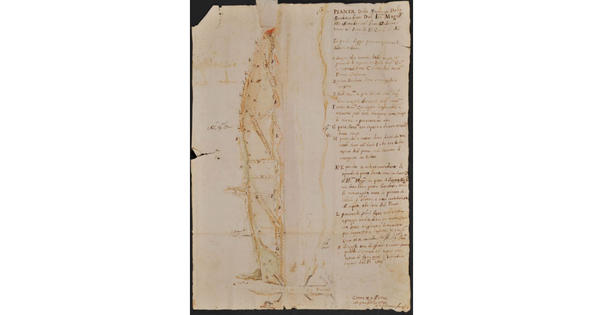 Pianta della Situatione Delle Stechate fatte dall'Illustrissimo Magistrato delle Strade nel Fiume Ombrone vicino al Ponte di Buonconvento all'anno 1687 et pocho doppo piantato quantita d'Alberi e Salcci