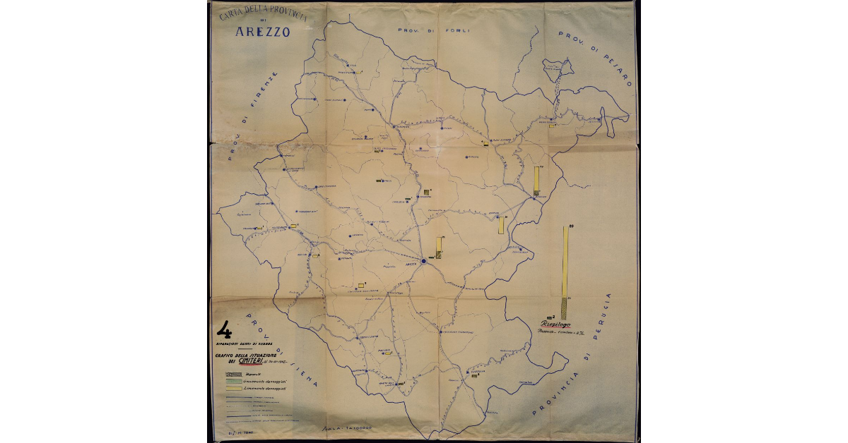 Carta della Provincia di Arezzo. Riparazione danni di guerra. Grafico della situazione dei cimiteri al 30 XI 1947