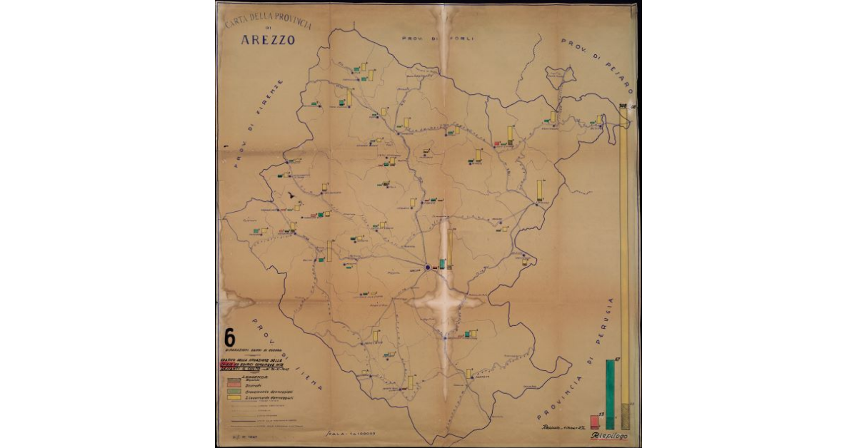 Carta della Provincia di Arezzo. Riparazione danni di guerra. Grafico della situazione delle chiese ed edifici comunque interessanti il culto al 30 XI 1947