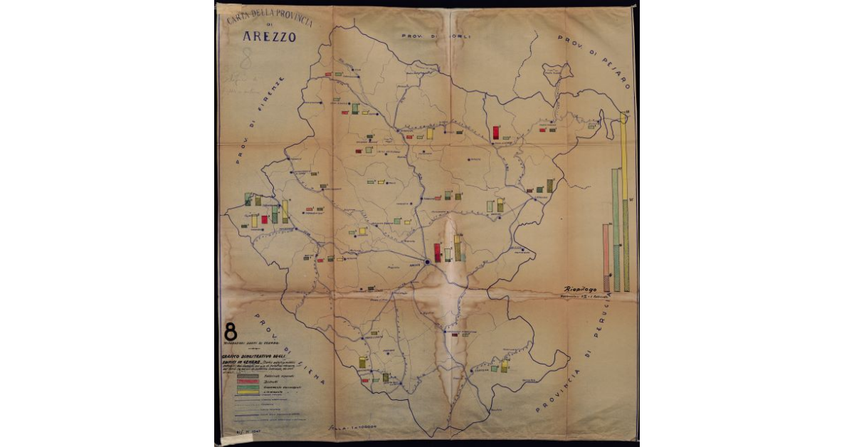 Carta della Provincia di Arezzo. Riparazione danni di guerra. Grafico dimostrativo degli edifici in genere [al 30 XI 1947]