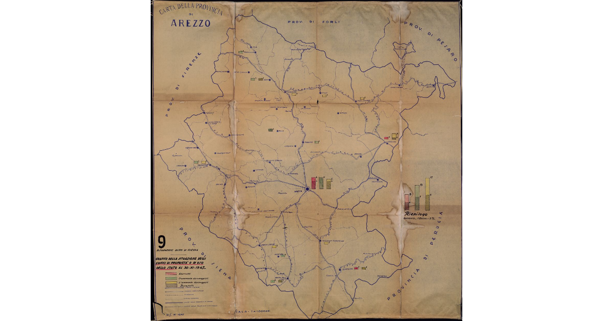 Carta della Provincia di Arezzo. Riparazione danni di guerra. Grafico della situazione degli edifici di proprietà o di uso dello Stato al 30 XI 1947