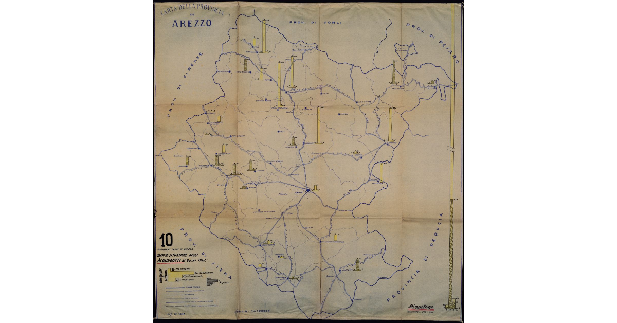 Carta della Provincia di Arezzo. Riparazione danni di guerra. Grafico della situazione degli acquedotti al 30 XI 1947
