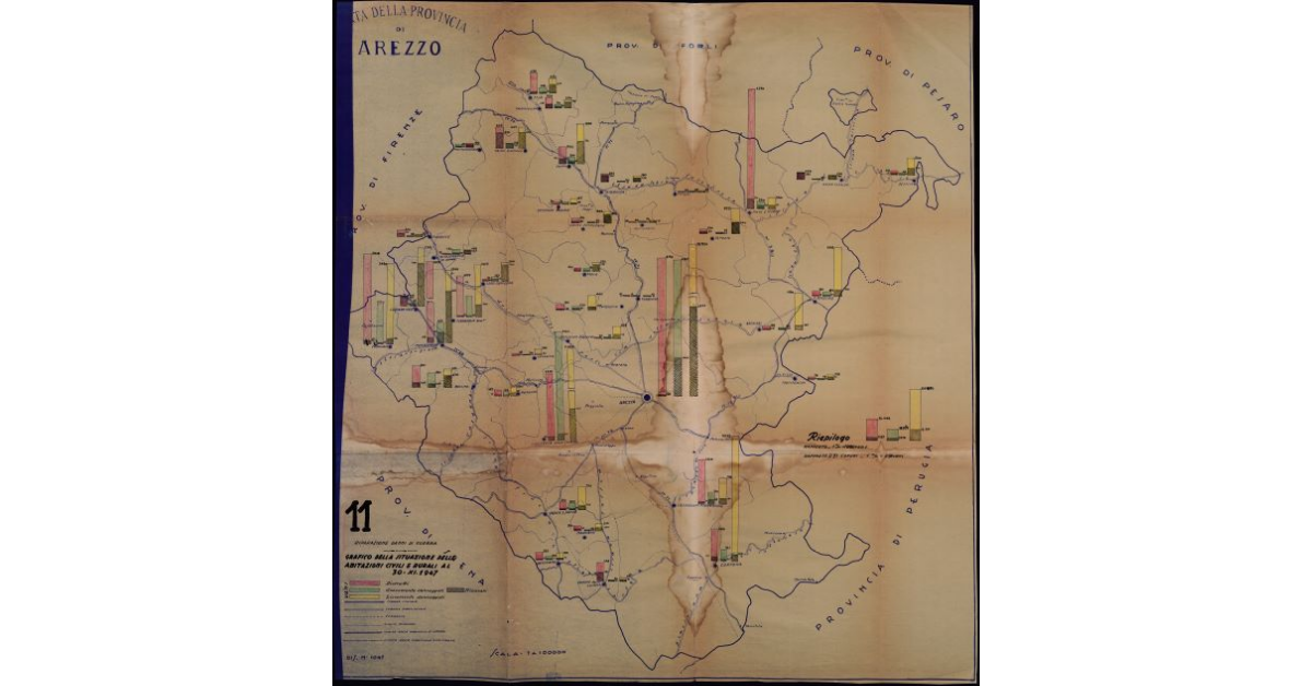 Carta della Provincia di Arezzo. Riparazione danni di guerra. Grafico della situazione delle abitazioni civili e rurali al 30 XI 1947