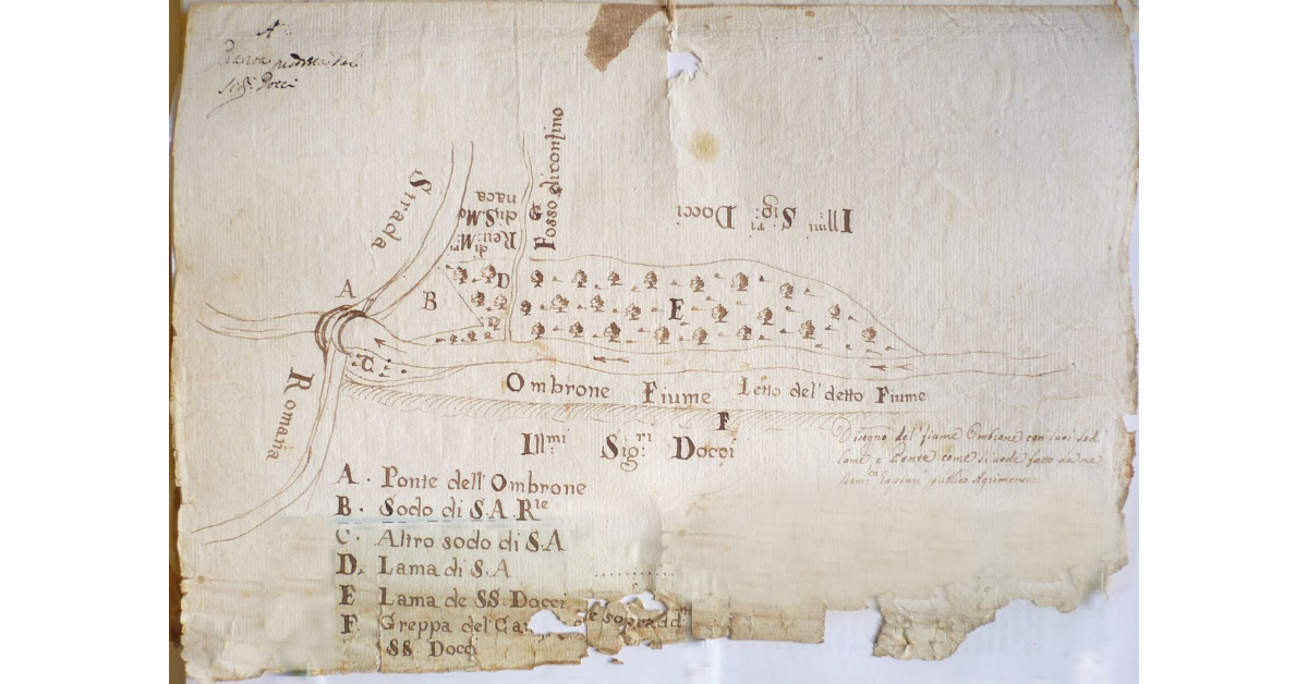 Disegno del' fiume Ombrone con suoi sodi lame, e ponte come si vede