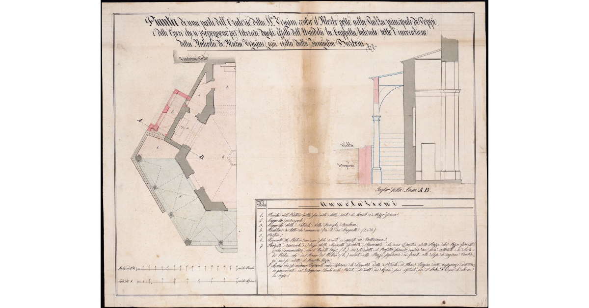 Pianta di una parte dell'Oratorio della SS.a Vergine contro il Morbo posto nella Piazza principale di Poppi e delle opere che si propongono per liberare dagli effetti dell'umidità la Cappella laterale sotto l'invocazione della Natività di Maria Vergine, già eretta dalla famiglia Barboni