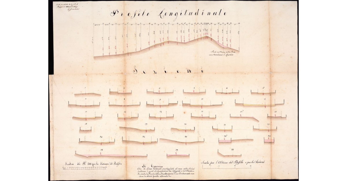 Profilo longitudinale e sezioni [per la costruzione del lastrico nella strada maestra interna dell'abitato di Poppi]
