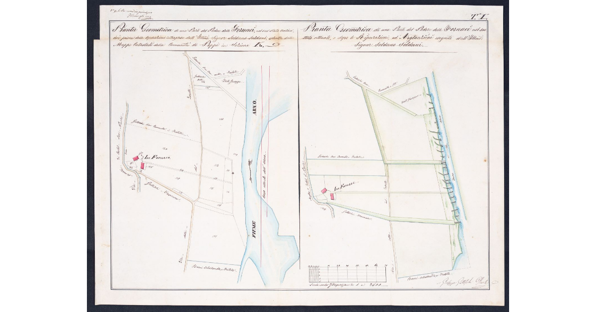 [A sinistra] Pianta Geometrica di una parte del Podere delle Fornaci, nel suo stato antico, cioè prima delle operazioni intraprese dall'Ill.mo Signor Soldano Soldani, estratta dalle Mappe Catastali della Comunità di Poppi in Sezione K [e a destra] Pianta Geometrica di una parte del Podere delle Fornaci, nel suo stato attuale, e dopo le Riparazioni ed Arginazioni eseguite dall'Ill.mo Signor Soldano Soldani