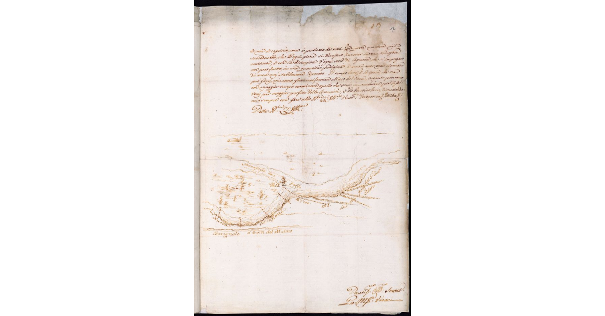 [Disegno dei lavori fatti dal Cavalier Poltri per il mulino di Bibbiena e delle corrosioni dell'anonimo corso d'acqua]