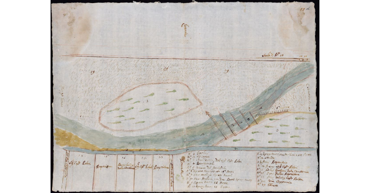 [Pianta di un tratto dell'Arno con ripari, coltivi, e ghiareti]