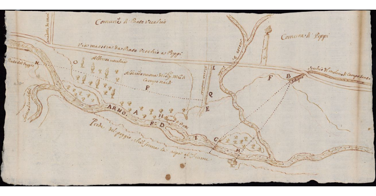 [Disegno di un tratto del corso dell'Arno nelle comunità di Pratovecchio e Poppi con progetto di lavori idraulici]