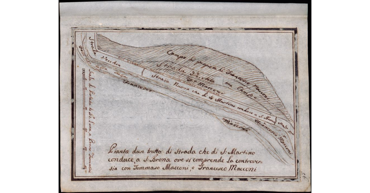 Pianta d[']un tratto di strada che di S. Martino a Monte conduce a Sanbrona ove si comprende la controversia con Tommaso Macconi, e Francesco Macconi