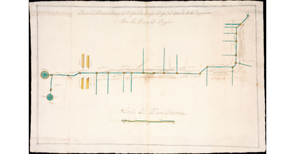 Pianta del Condotto da farsi dal Pilastro delle divise dell'acque nel'orto de Padri Cappuccini fino alla Piazza di Poppi