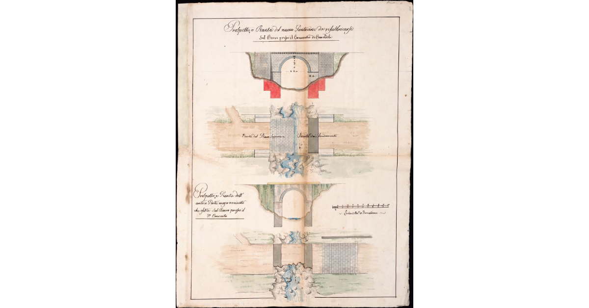 Prospetto, e pianta del nuovo ponticino da rifabbricarsi sul Borro presso il Convento di Camaldoli [in alto e in basso] Prospetto e pianta dell'antico Ponte mezzo rovinato che esiste sul Borro presso il d.o Convento