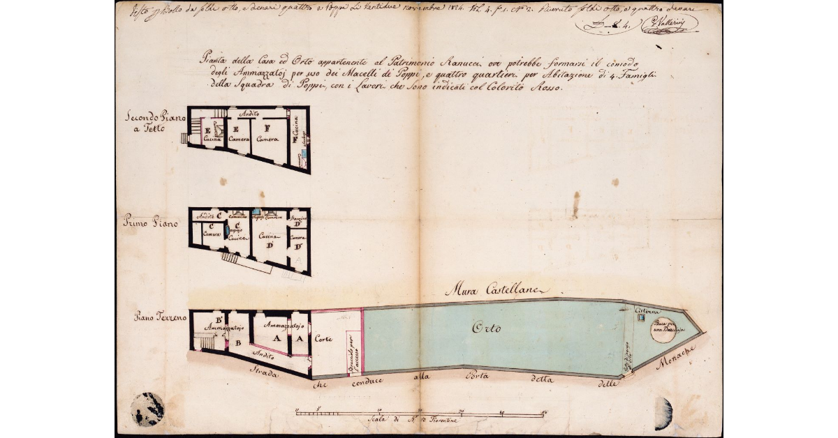 Pianta della Casa ed Orto appartenente al Patrimonio Ranucci ove potrebbe formarsi il comodo degli Ammazzatoj per uso dei Macelli di Poppi, e quattro quartieri per Abitazione di 4 Famiglie della Squadra di Poppi, con i Lavori che sono indicati col Colorito Rosso