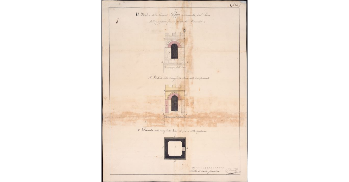 [Pianta e alzati della Torre del Palazzo Pretorio di Poppi nello stato antecedente e nello stato del restauro effettuato dal Piano delle campane fino a tutta la Sommità]