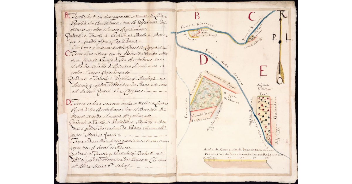 [Mappa di quattro pezzi di terra lungo i fossi di Riosecco e delle Serre]