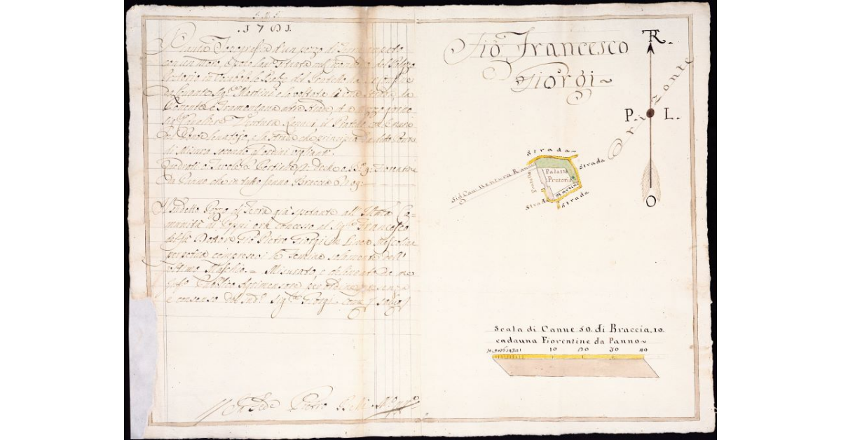 Pianta topografica d'un pezzo di terra presato con un Moro, e poco lav.a situata nel Circondario del Palazzo Pretorio in vocabolo le Balze del Pratello