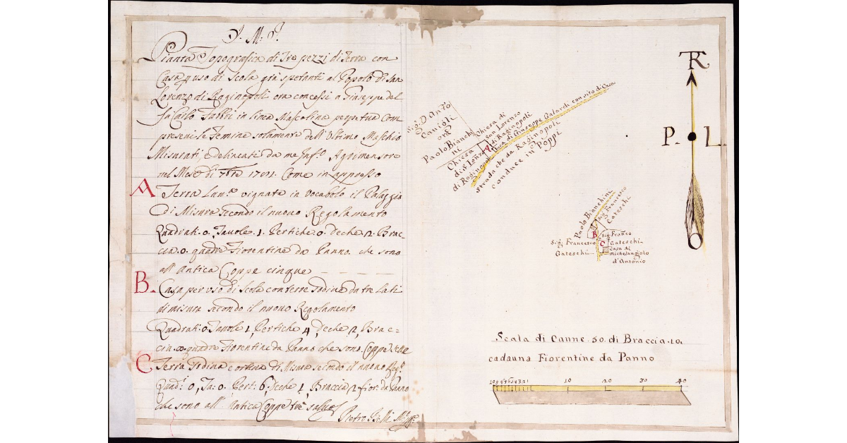 Pianta Topografica di tre pezzi di terra con Casa per uso di Sc[u]ola già spe[t]tanti al Popolo di San Lorenzo di Raginopoli [Ragginopoli] ora concessi a Giuseppe del fu Carlo Fabbri in linea mascolina perpetua