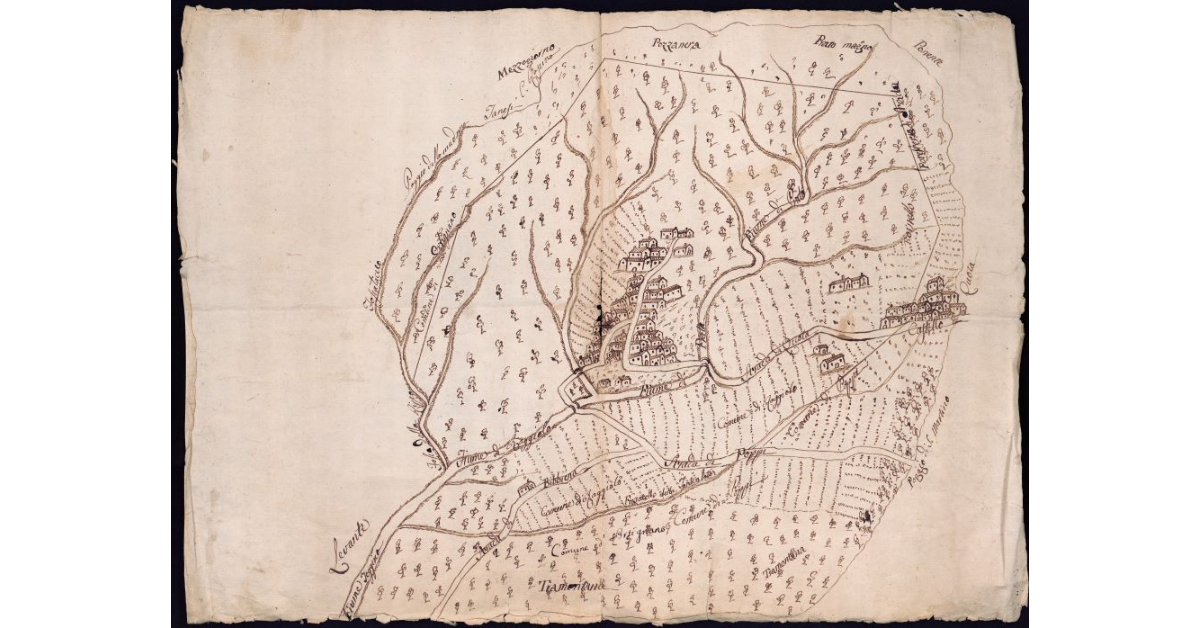 [Mappa della Comunità di Raggiolo e di Quota con corsi d'acqua, strade, coltivi e boschi]