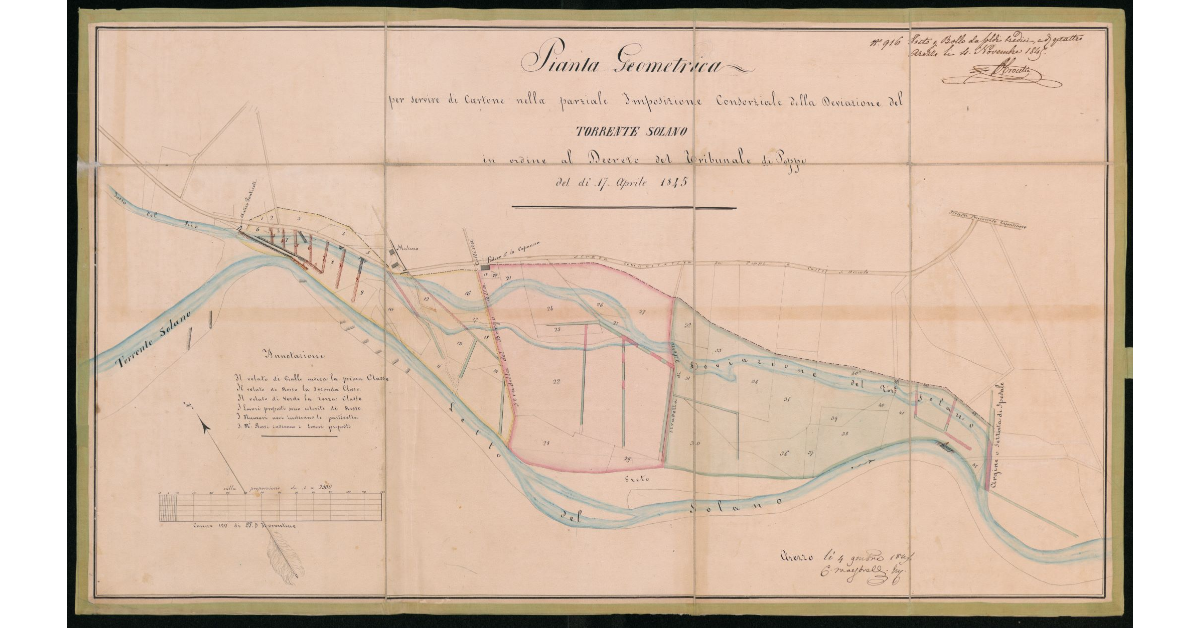 Pianta Geometrica per servire di Cartone nella parziale Imposizione Consorziale della Deviazione del Torrente Solano in ordine al Decreto del Tribunale di Poppi del dì 17 aprile 1845