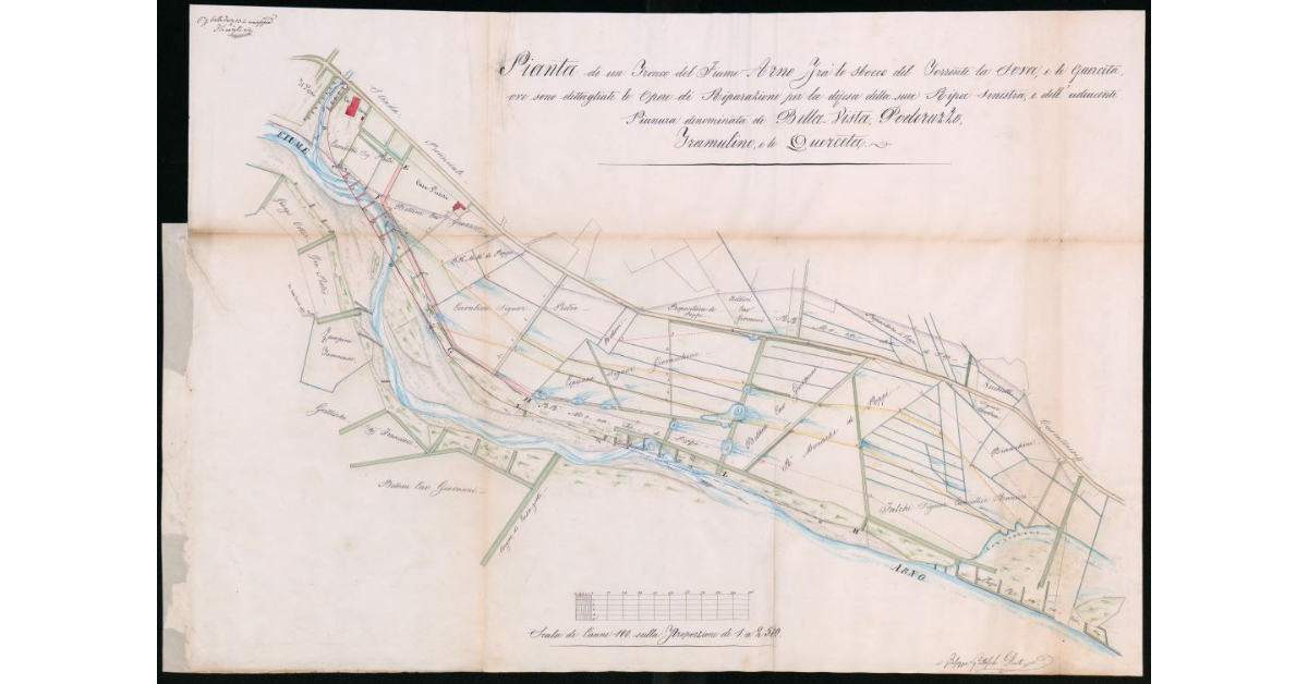 Pianta di un Tronco del Fiume Arno tra lo sbocco del Torrente la Sova, e le Querceta, ove sono dettagliate le Opere di Riparazione per la difesa della sua Ripa sinistra, e dell'adiacente Pianura denominata di Bella Vista, Poderuzzo, Tramulino, e le Querceta