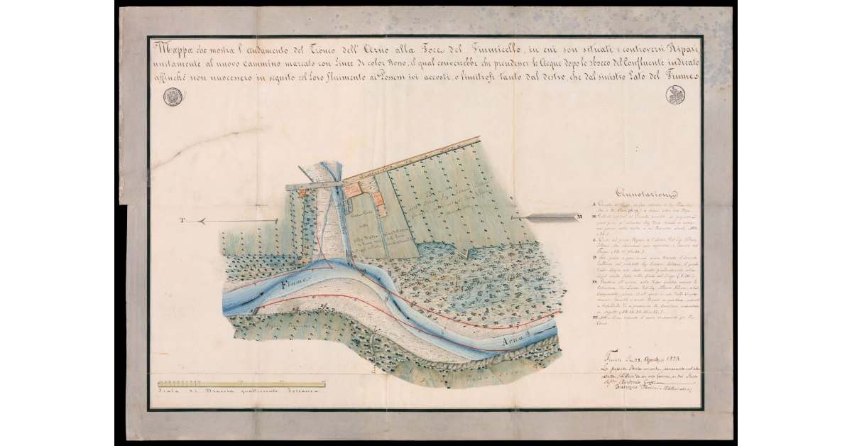 Mappa che mostra l'andamento del tronco dell'Arno alla foce del Fiumicello, in cui son situati i controversi Ripari, unitamente al nuovo cammino marcato con Linee di color Rosso, il qual converrebbe che prendesser le acque dopo lo sbocco del confluente indicato affinché non nuocessero in seguito al loro fluimento ai Possessi ivi accosti, o limitrofi tanto dal destro, che dal sinistro Lato del Fiume