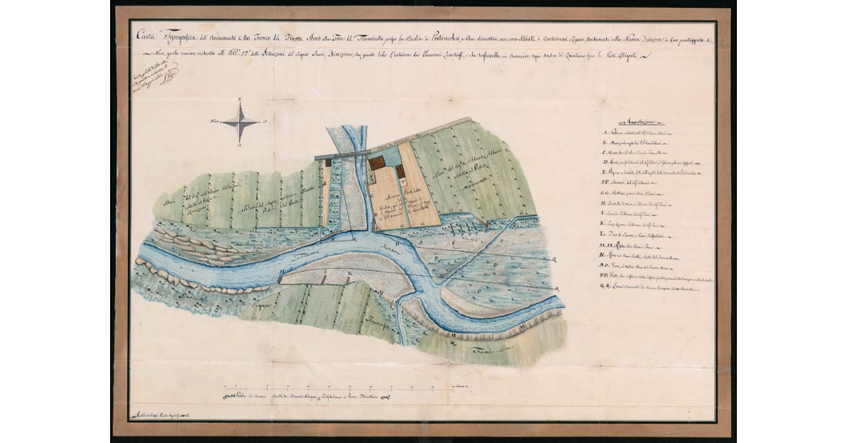 Carta Topografica dell'andamento di un tronco del Fiume Arno alla foce del Fiumicello presso la Badia di Pratovecchio, e che dimostra ove sono situati i controversi Ripari, unitamente alla Nuova Direzione di esso punteggiata di nero, quale veniva richiesto dall'Art. 12 delle Istruzioni del Signor Fani, Direzione, che punto lede l'interesse dei Possessori Limitrofi, e che toglierebbe in avvenire ogni ombra di questione fra le parti litiganti