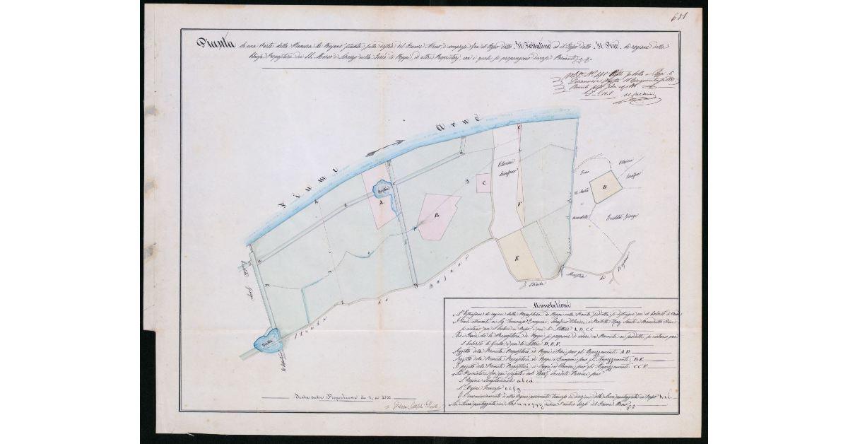 Pianta di una parte della Pianura di Bujano situata sulla destra del Fiume Arno, e compresa fra il Fosse detto Il Fossatino ed il Fosso detto Il Rio di ragione della Chiesa Propositura dei Santi Marco e Lorenzo nella Terra di Poppi, ed altri Proprietarj, con i quali si propongono diverse permute