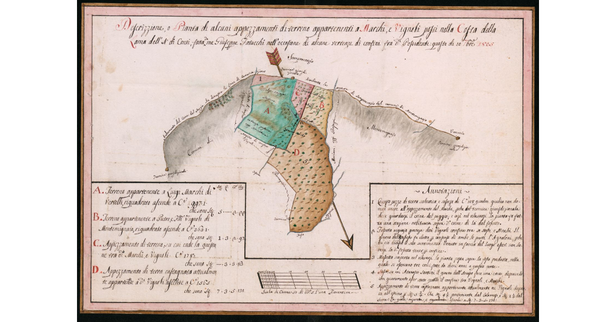 Descrizzione e pianta di alcuni appezzamenti di terreno appartenenti a Marchi, e Vignoli posti nella Costa della Lama dell'A' di Conti, fatta da me Giuseppe Fatucchi nell'occasione di alcune vertenze di confini fra detti Possidenti: questo dì 10 7bre [settembre] 1805