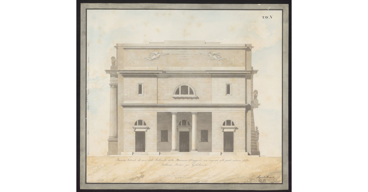 Tav. V Facciata laterale di una delle fabbriche della barriera maggiore con ingressi alle parti interne della fabbrica, portico dei gabellieri etc. [di Firenze]