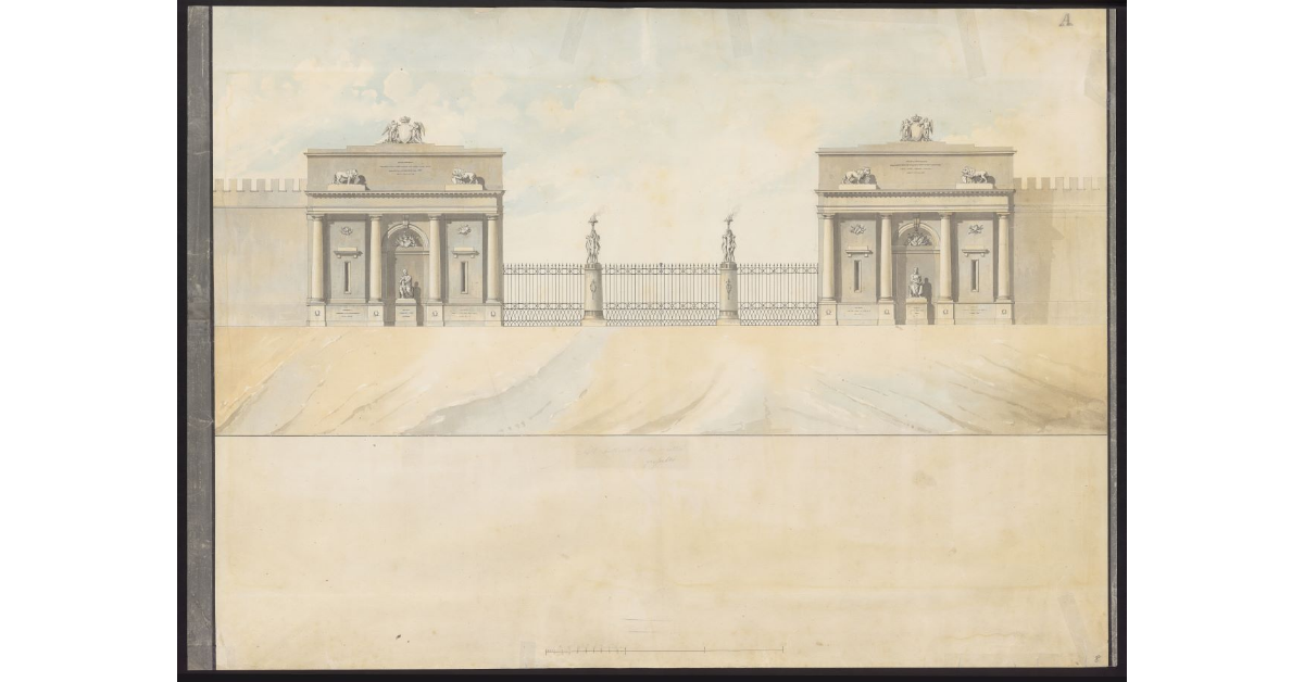 [Alzato di due edifici con cancello per la nuova barriera doganale delle Cascine]