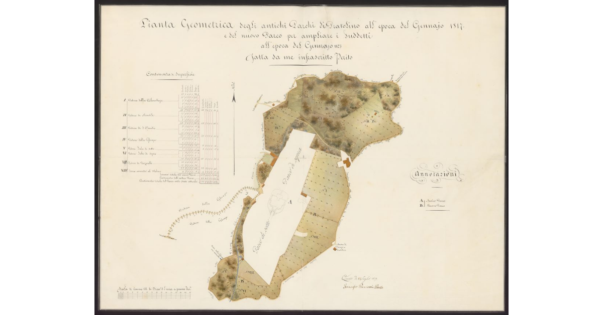 Pianta geometrica degli antichi parchi di Pratolino all'epoca del gennaio 1817 e del nuovo parco per ampliare i suddetti all'epoca del gennaio 1823