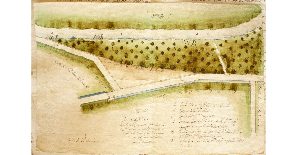 Tavolatura, o pianta fatta da me Domenico Lapinzi publico Agrimensore di un pezzo di Terra detta il Campino con sua lama del podere detto il Mulinazzio [sul Fiume Tressa]