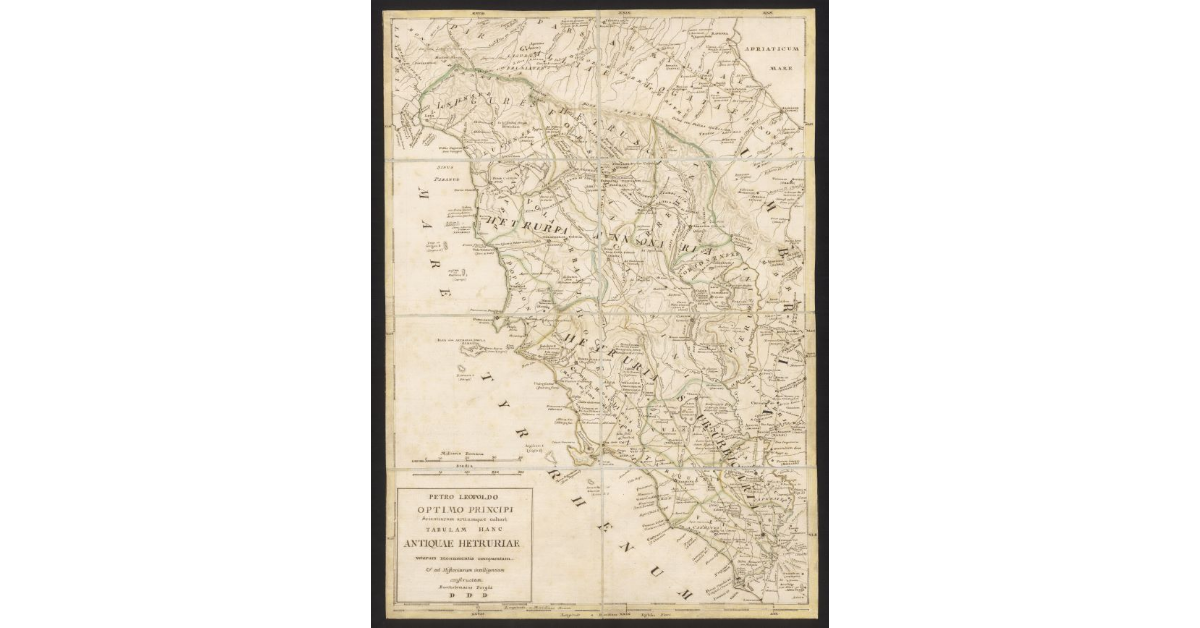 Petro Leopoldo optimo principi scientiarum artiumque cultori tabulam hanc Antiquae Hetruriae veterum monumentis comparatam et ad historiarum intelligentiam constructam Bartholomeus Borghi dedicavit