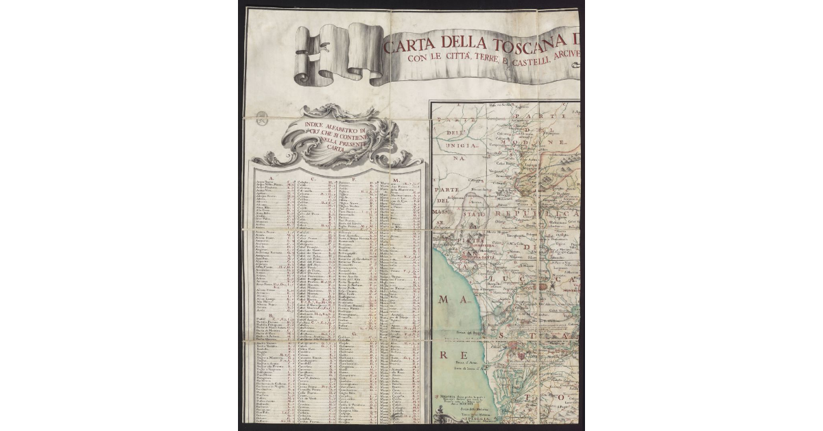 Carta della Toscana divisa nei stati fiorentino, sanese, pisano e pietrasantese, con le città, terre e castelli, arcivescovadi, vescovadi, giusdicenze e feudi, poste, fortezze munite, porti di mare, fiumi, e valli, dogane, passeggerie, e confinazioni, strade carreggiabili e da soma, etc. etc