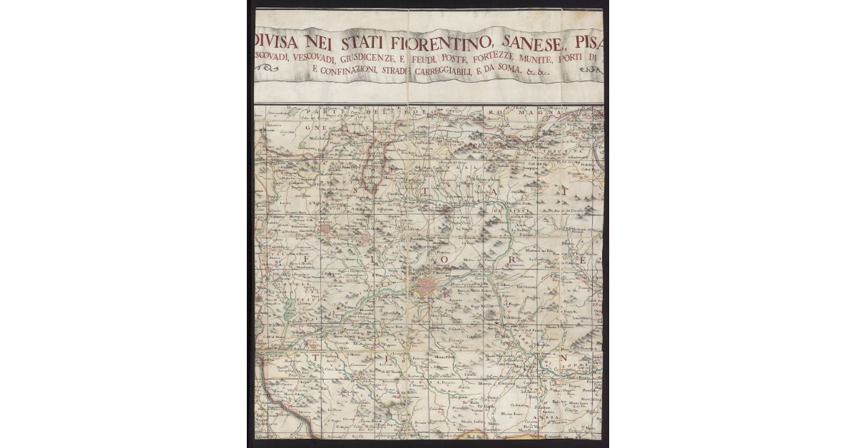 Carta della Toscana divisa nei stati fiorentino, sanese, pisano e pietrasantese, con le città, terre e castelli, arcivescovadi, vescovadi, giusdicenze e feudi, poste, fortezze munite, porti di mare, fiumi, e valli, dogane, passeggerie, e confinazioni, strade carreggiabili e da soma, etc. etc