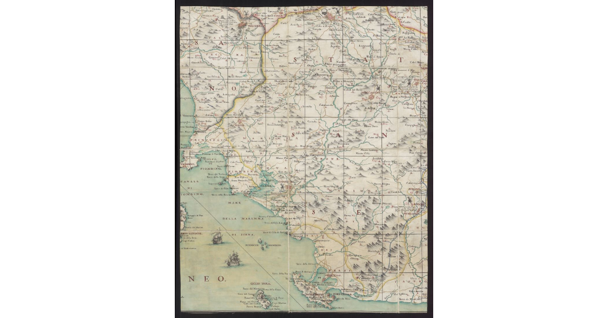 Carta della Toscana divisa nei stati fiorentino, sanese, pisano e pietrasantese, con le città, terre e castelli, arcivescovadi, vescovadi, giusdicenze e feudi, poste, fortezze munite, porti di mare, fiumi, e valli, dogane, passeggerie, e confinazioni, strade carreggiabili e da soma, etc. etc