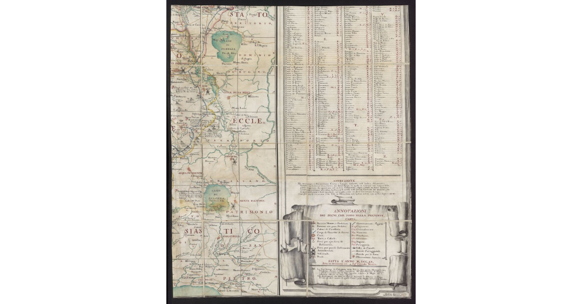 Carta della Toscana divisa nei stati fiorentino, sanese, pisano e pietrasantese, con le città, terre e castelli, arcivescovadi, vescovadi, giusdicenze e feudi, poste, fortezze munite, porti di mare, fiumi, e valli, dogane, passeggerie, e confinazioni, strade carreggiabili e da soma, etc. etc