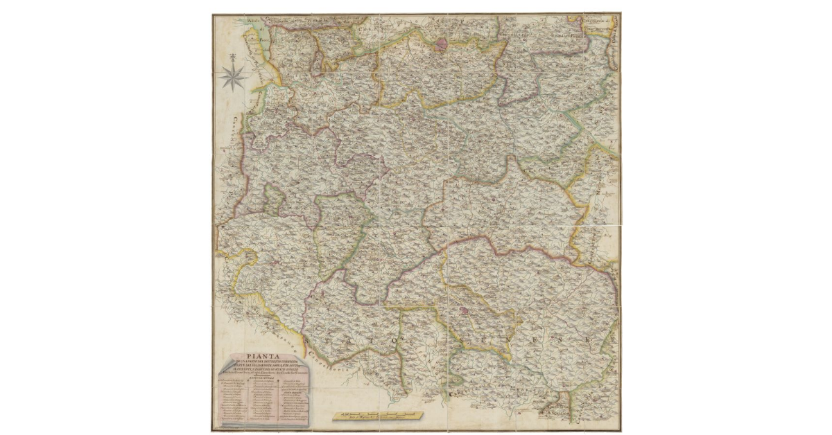 Pianta di una parte del distretto fiorentino, parte del Valdarno di Sopra, e di Sotto, il Chianti, e parte dello Stato Senese divisa in cancellerie, ed ogni cancelleria divisa nelle sue comunità