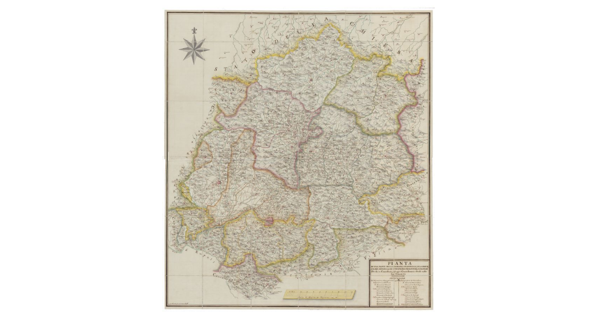 Pianta di una parte della Romagna granducale, della provincia del Mugello, del territorio fiorentino e pratese divisa in cancellerie, ed ogni cancelleria divisa nelle sue comunità