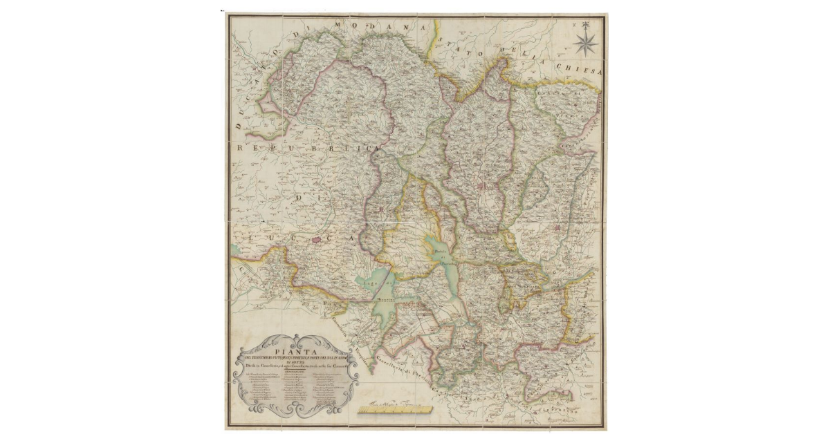 Pianta del territorio pistoiese, e pratese, e parte del Valdarno di Sotto divisa in cancellerie, ed ogni cancelleria divisa nelle sue comunità