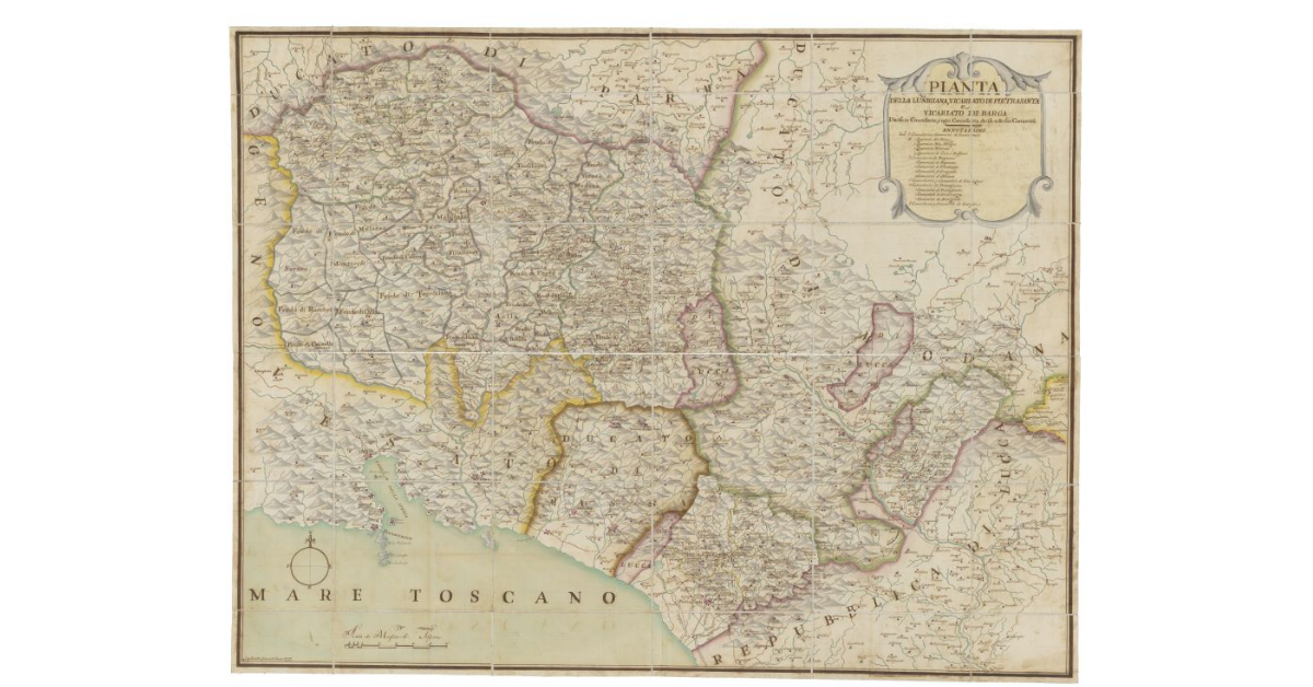 Pianta della Lunigiana, vicariato di Pietrasanta e vicariato di Barga divisa in cancellerie, e ogni cancelleria divisa nelle sue comunità