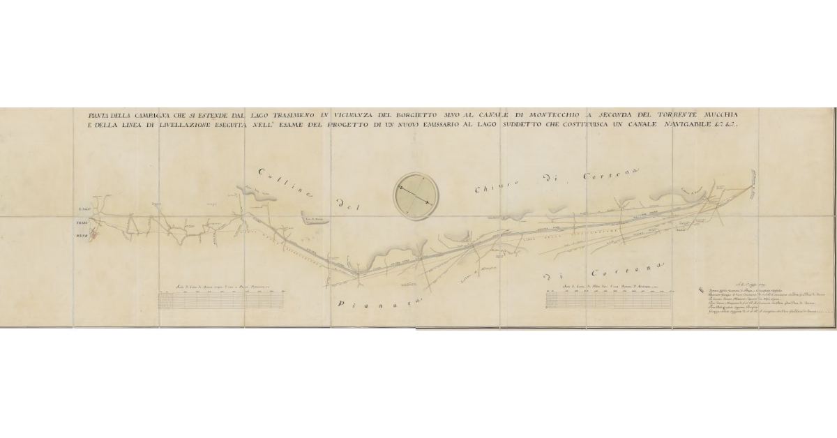 Pianta della campagna che si estende dal lago Trasimeno in vicinanza del Borghetto sino al canale di Montecchio a seconda del torrente Mucchia e della linea di livellazione eseguita nell'esame del progetto di un nuovo emissario al lago suddetto che costituisca un canale navigabile