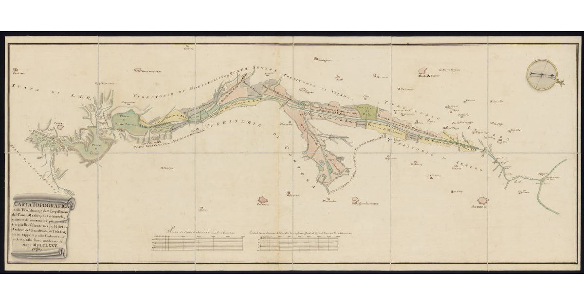 Carta topografica della Valdichiana e dell'imposizione del canal maestro che l'attraversa, ricavata dai monumenti più autentici fra quelli esistenti nei pubblici archivi del Granducato di Toscana ed in rapporto alle colmate, ridotta allo stato moderno dell'anno MDCCLXXV