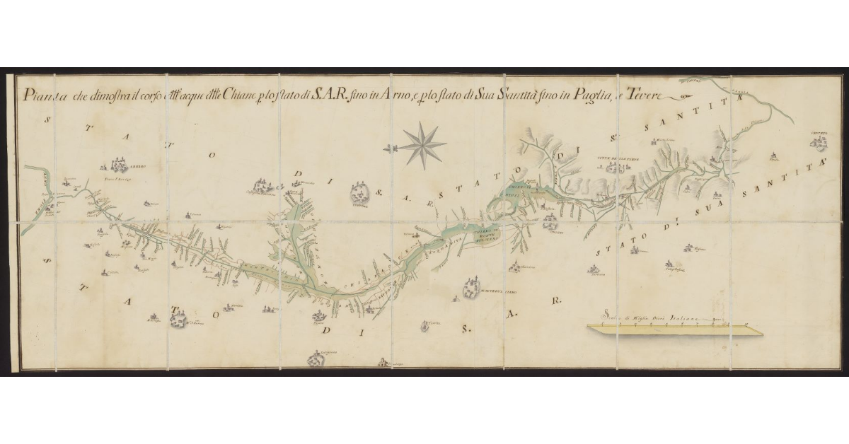 Pianta che dimostra il corso dell'acqua delle Chiane per lo stato di S. A. R. fino in Arno e per lo stato di Sua Santità fino in Paglia e Tevere