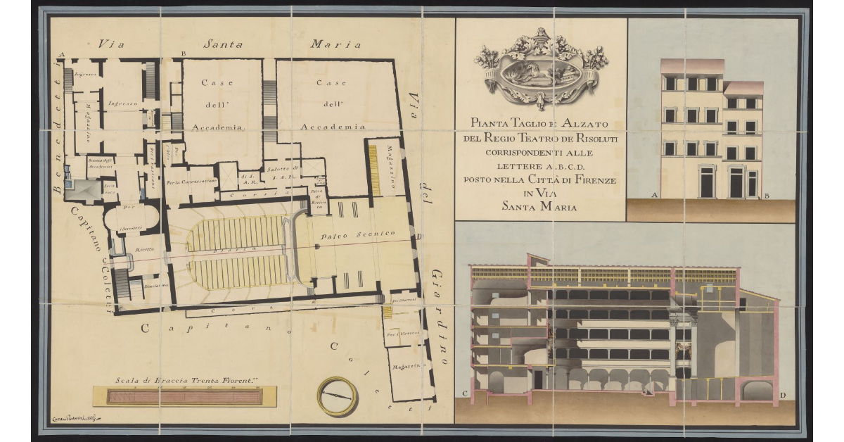 Pianta, taglio e alzato del R. Teatro de Risoluti corrispondenti alle lettere A B C D, posto nella città di Firenze in via S. Maria