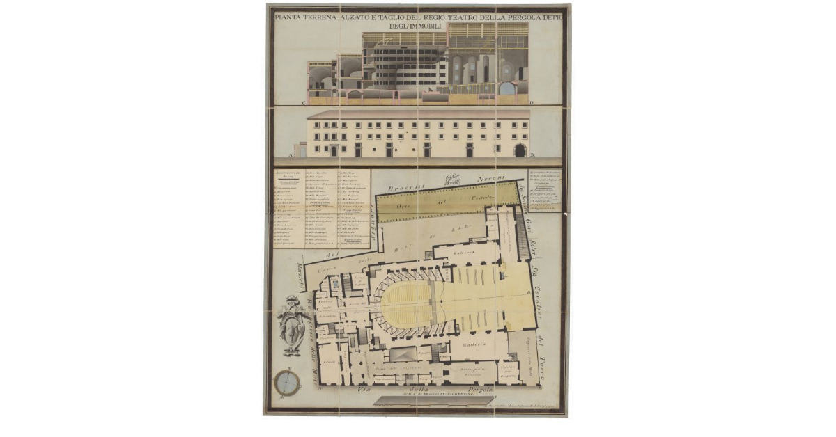 Pianta terrena, alzato e taglio del Regio Teatro della Pergola detto degli Immobili [a Firenze]